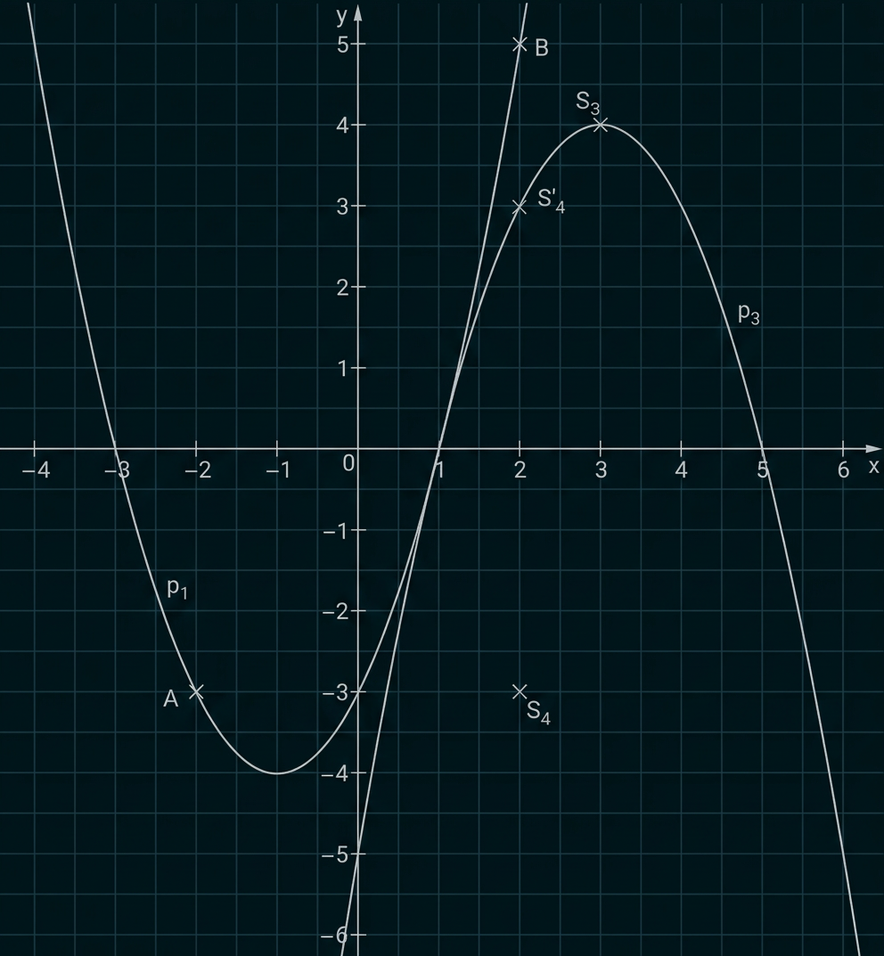 Koordinatensystem mit Parabel p₁ und p₃ sowie markierten Punkten A, B, S₃ und S₄.